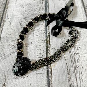 Victorian Black Cameo Heirloom Chain Link WhimsyGoth Choker Necklace w/ Ribbon